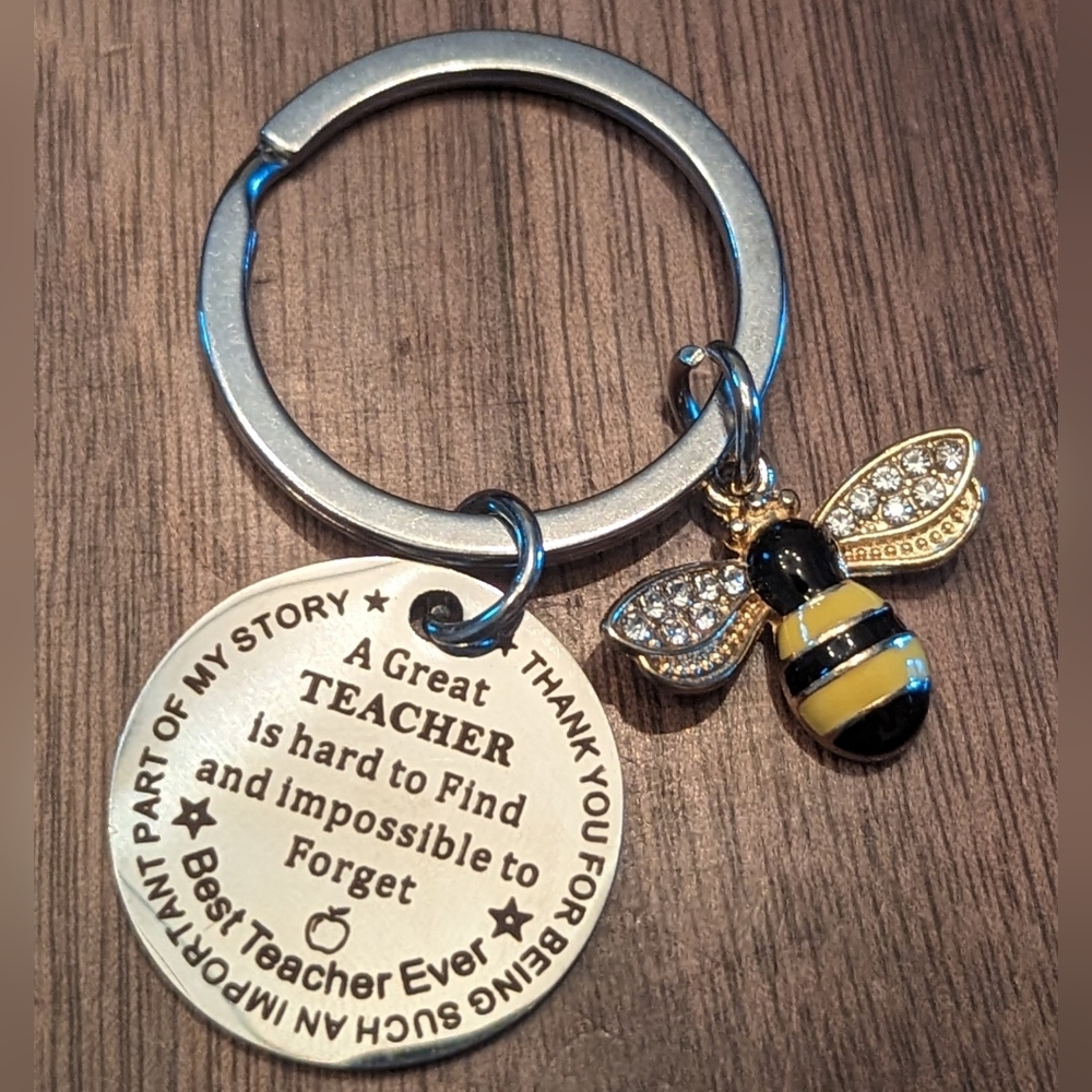New silver tone jeweled wings bee & circular teacher appreciation charms attach